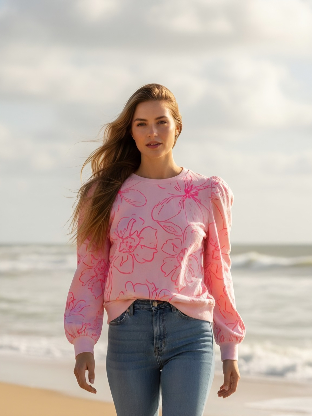 Lilly Pulitzer Womens M Lissome Rose Sweatshirt Puff Sleeve Pink Blossom Flower